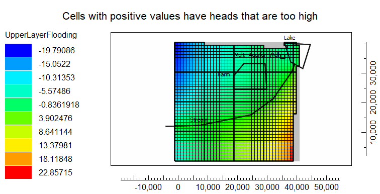 Map of the difference between the head and the top of the model