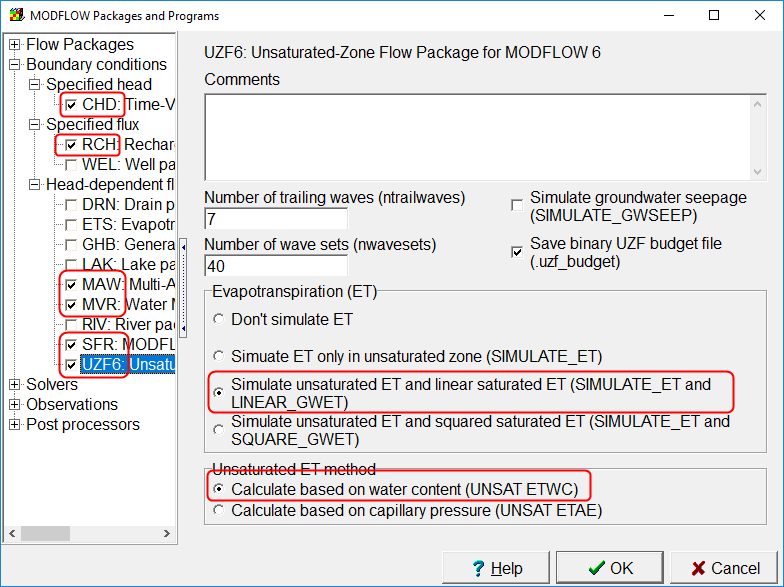 Select CHD, MAW, MVR, SFR, and UZF packages for model