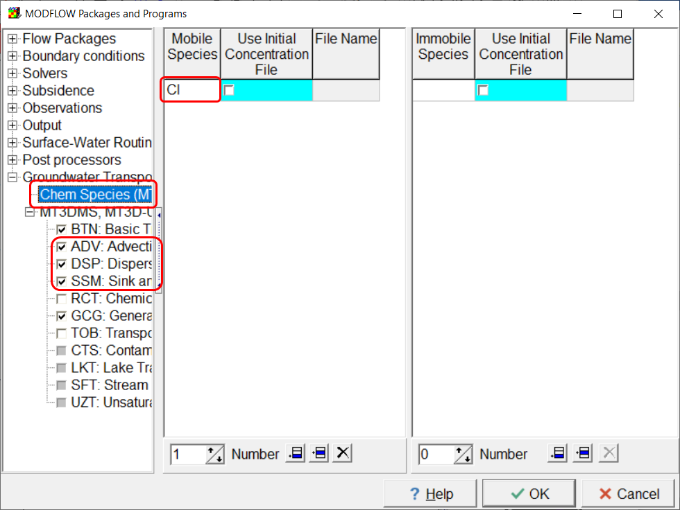 MT3DMS BTN package page with Cl as the solute