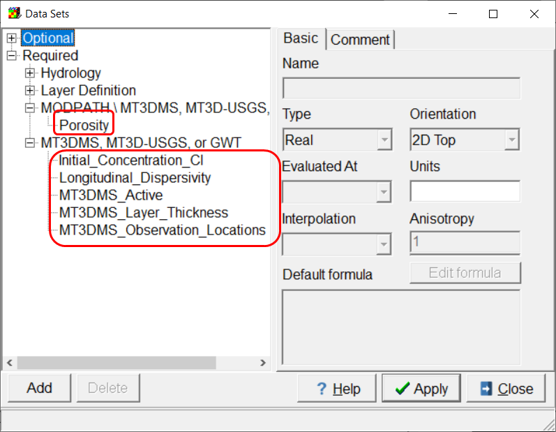 Edit Data Sets dialog box showing data sets required by MT3DMS