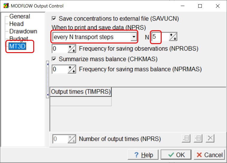 MODFLOW Output Control Showing MT3DMS controls