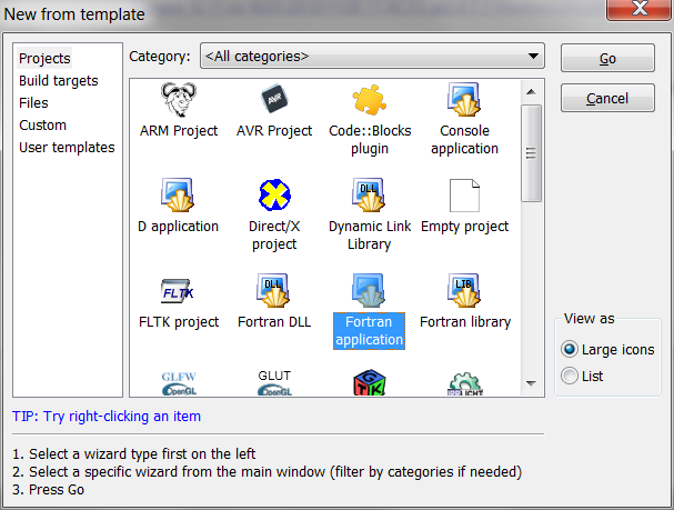 New Fortran application selected