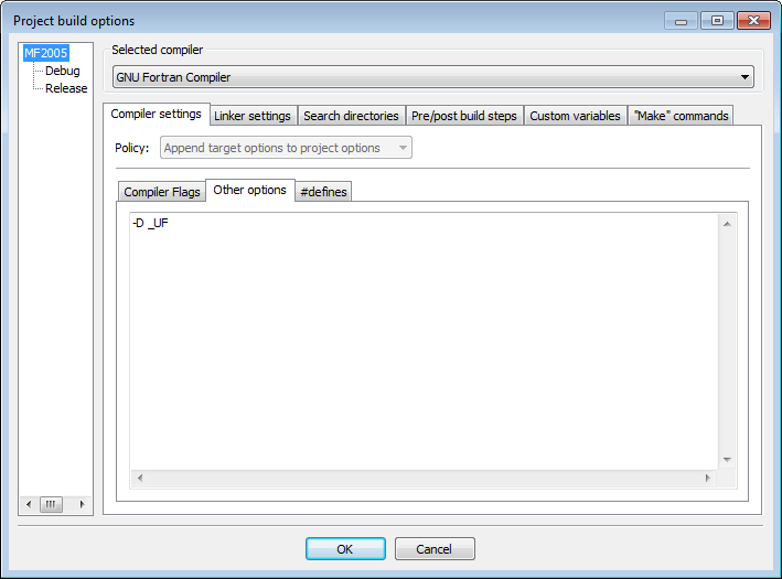 Build option for MF2005 in Codeblocks