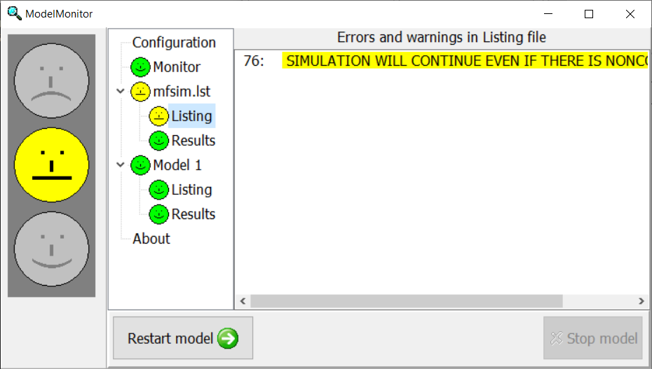 Screenshot of ModelMonitor showing warning message