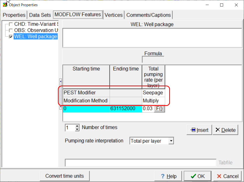 Screen capture illustrating the application of the Seepage parameter to the disposal pond flow rate.