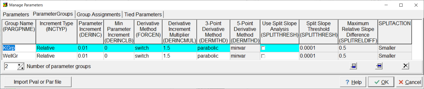 Screen capture of the Manage Parameters dialog box showing properties assigned to KGrp and WellGr parameter groups.