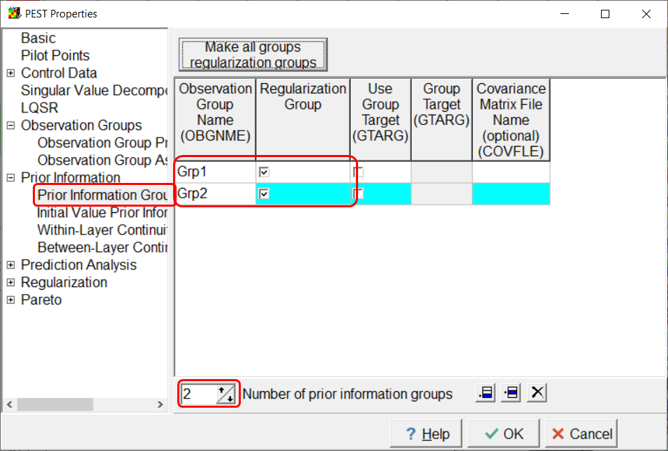 Screen capture of the PEST Properties dialog box after creating a new prior information group.