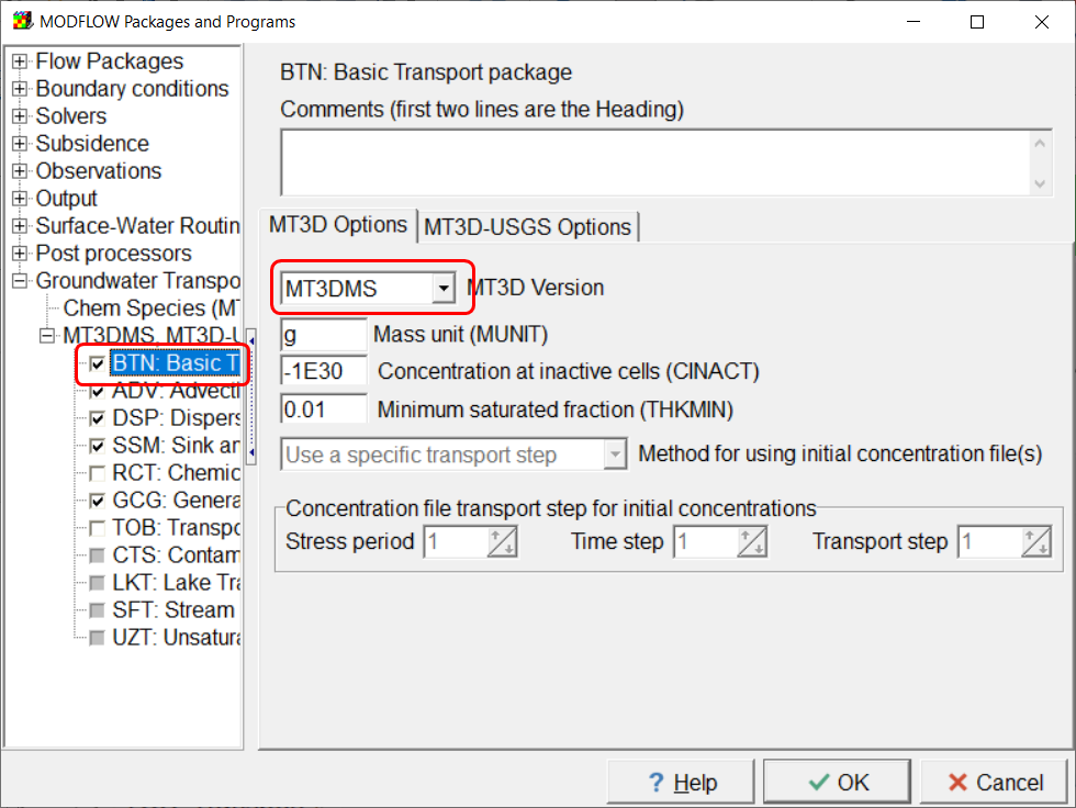 MT3D Options tab with MT3DMS selected