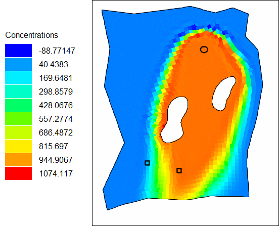 Diagram of simulated concentrations in the final time step of the uncalibrated model.