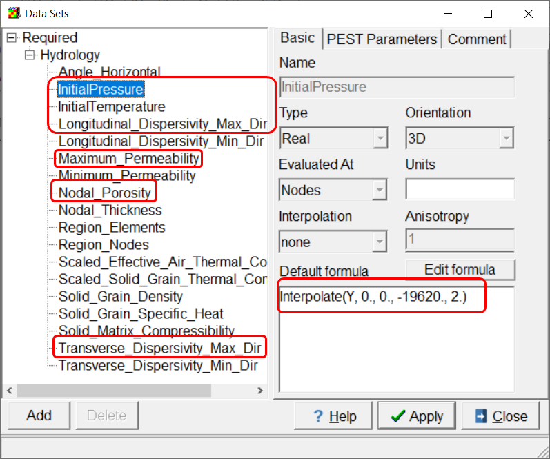 Screen capture of the Data Sets dialog box highlighting the data sets whose formulas need to be edited and the formula for the InitialPressure data set.