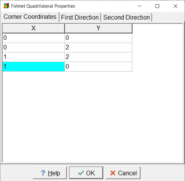 Screen capture showing to corner coordinates of the fishnet mesh quadrilateral.