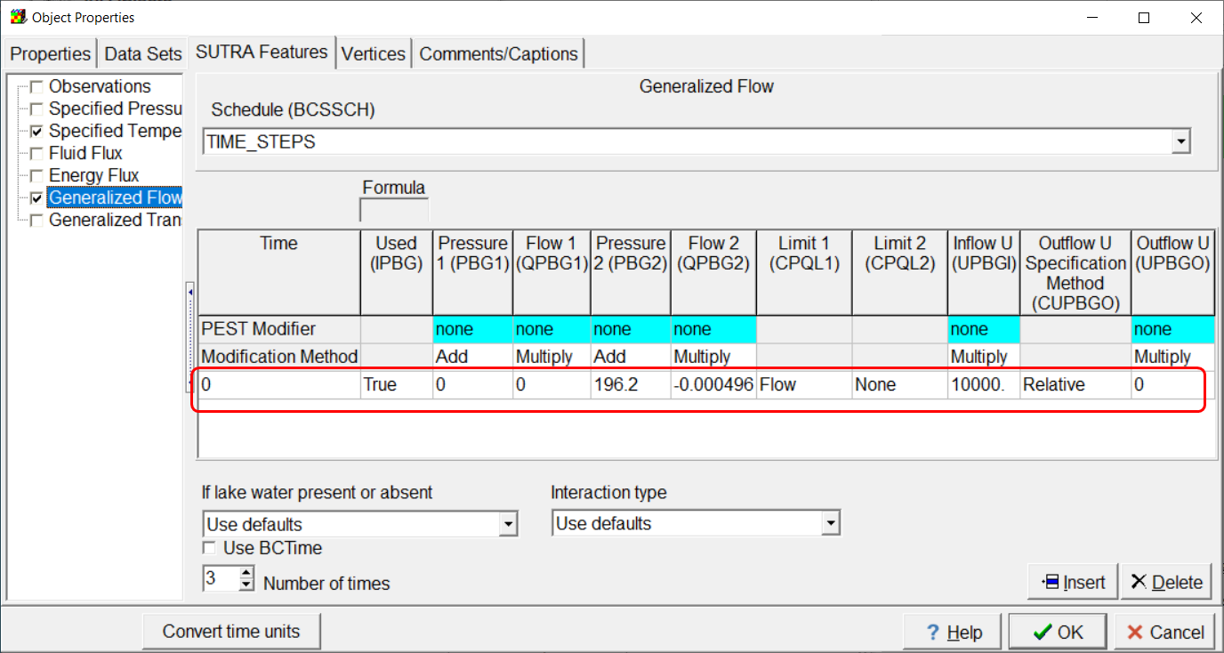 Screen capture of Object Properties dialog box showing the specification of a generalized flow boundary.