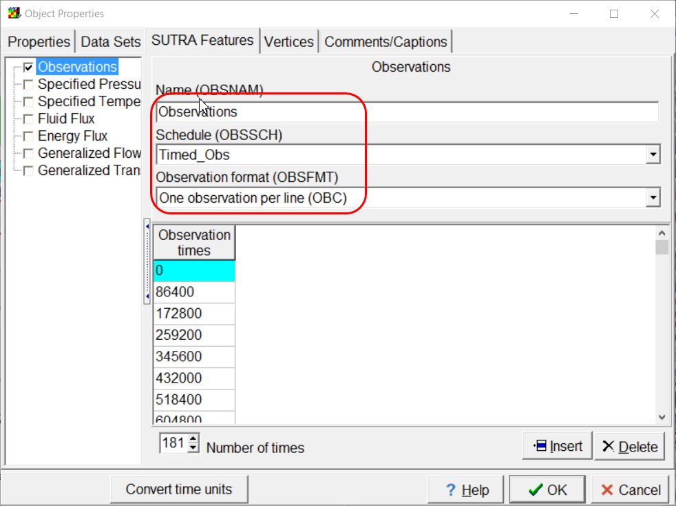 Screen capture of the Object Properties dialog box showing specification of observation times.