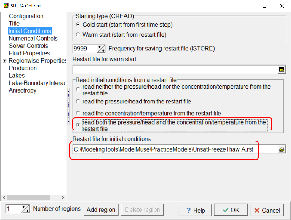 Screen capture of the SUTRA Options dialog box showing that the restart file is used for the initial conditions.