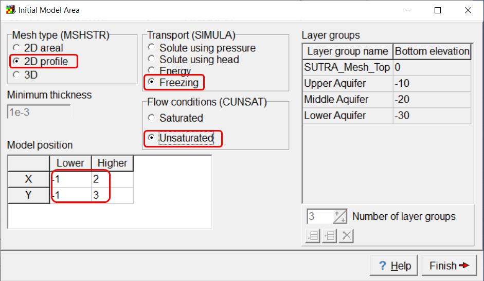 Screen capture of ModelMuse showing the model specifications