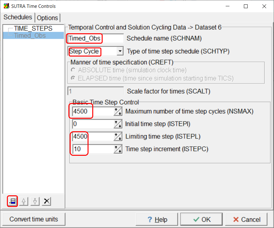 Screen capture of the SUTRA Time Controls dialog box showing the specificatin of the Time_Obs schedule.