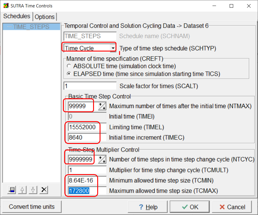 Screen capture of the SUTRA Time Controls dialog box illustrating the specification of the TIME_STEPS schedule.