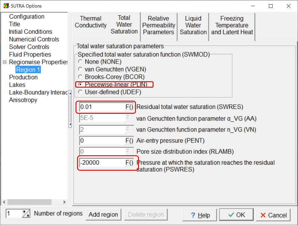 Screen capture of the Total Water Saturation tab for Region 1 with selected choices highlighted.