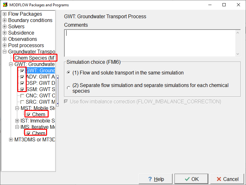 Screen capture of the MODFLOW Packages and Programs dialog box showing the activation of the GWT and other related packages.