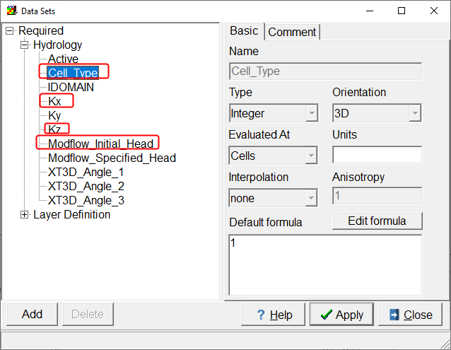 Screen Capture of the Data Sets dialog box showing the specification of the cell type.