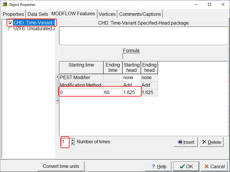 Screen capture of the Object Properties dialog box in which the CHD boundary is specified.