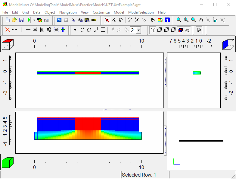 Screen capture of the ModelMuse main window displaying the concentration data for the final time step of the model.