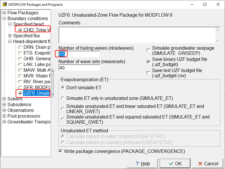 Screen capture of the MODFLOW Packages and Programs" dialog box with the CHD and UZF packages activated and the number of trailing waves set to 15.