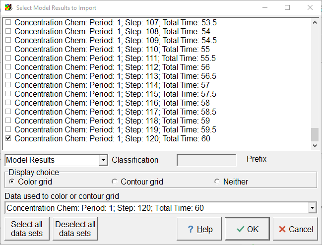 Screen capture showing the "File|Import|Model Results" dialog box with the concentrations for the last time step selected.