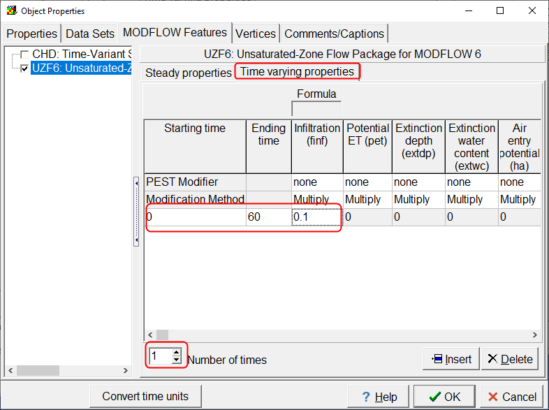 Screen capture of the Object Properties dialog box showing the specification of the infiltration rate.