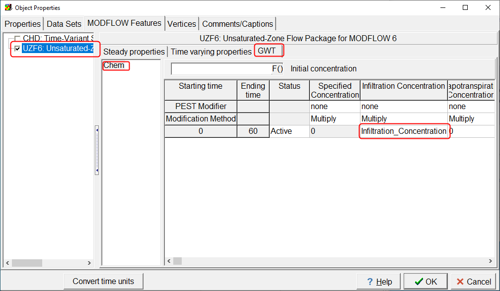 Screen capture of the Object Properties dialog box showing the specification of the infiltration concentration for the unsaturated zone flow in the center of the top of the model.