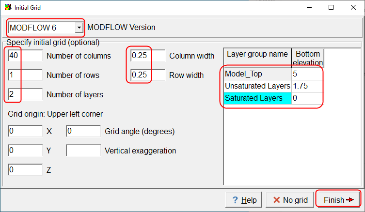 Screen capture of the initial grid dialog box illustrating the initial grid setup.