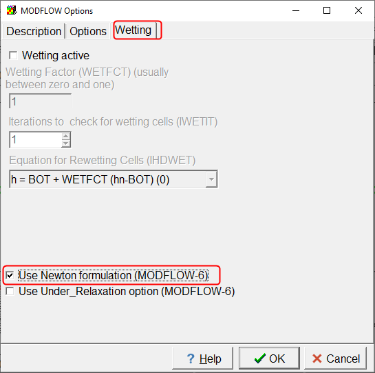 Screen capture of the MODFLOW Options dialog box illustrating the activation of the Newton formulation.