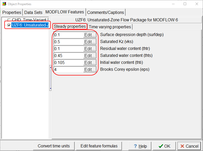 Screen capture of the Object Properties dialog box showing the specification of the steady UZF properties.