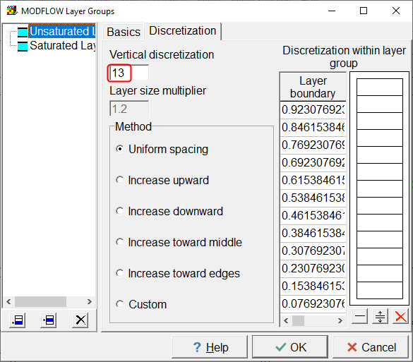 Screen capture of the MODFLOW Layers dialog box illustrating the subdivision of the unsatuarted layers.