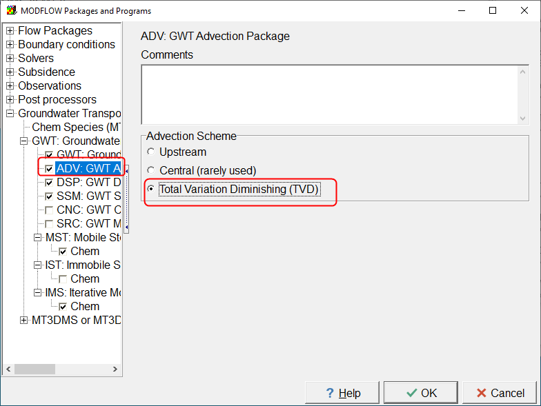 Screen capture of the MODFLOW Packages and Programs dialog box showing the specification of the Total Variation Diminishing advection scheme.