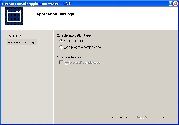 Fortran Consol Application Wizard. Empty project selected.