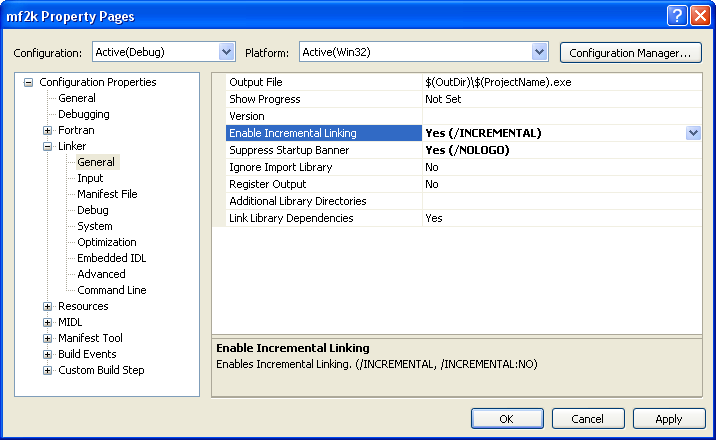 Property Pages for mf2k project Incremental linking turned on.