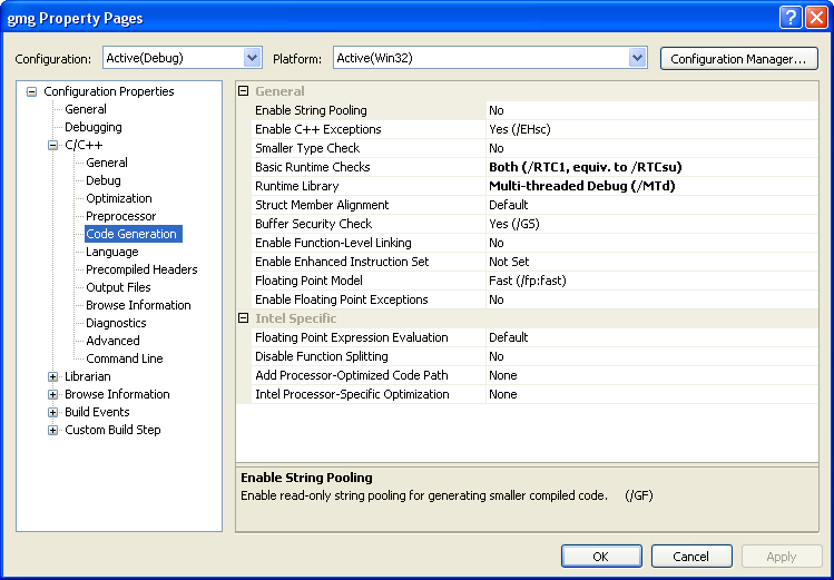 Property Pages for gmg project with multithreaded debug selected