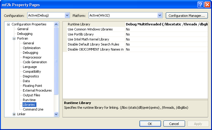 Property Pages for mf2k project with multithreaded debug selected