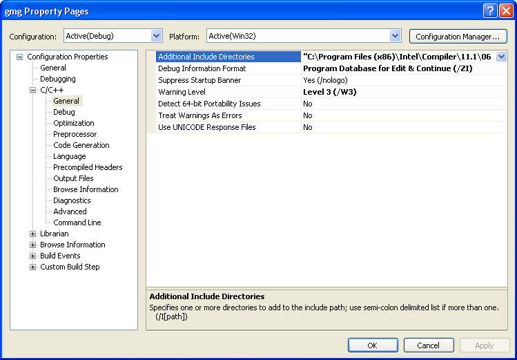 Property Pages for gmg project with an additional include directory specified.