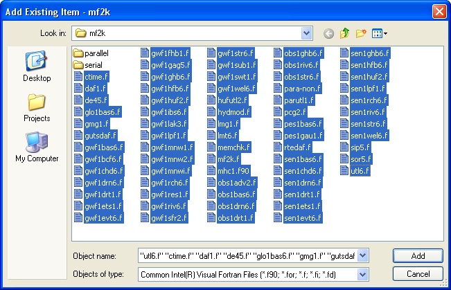 Add Existing Item dialog box showing all Fortran files being selected