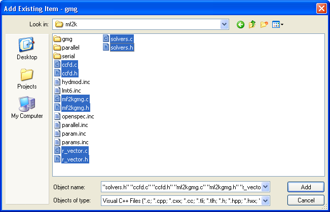 Add Existing Item dialog box with all .c and .h files selected. 