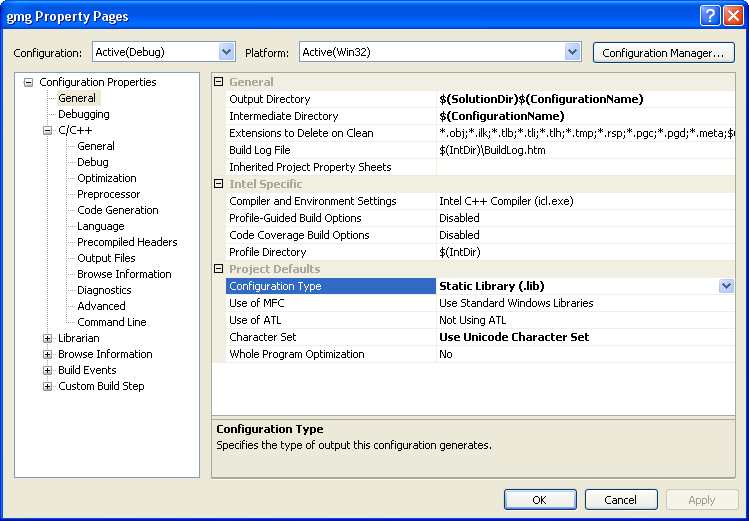 Property Pages fo the gms project with the Configuration type changed to Static Library.