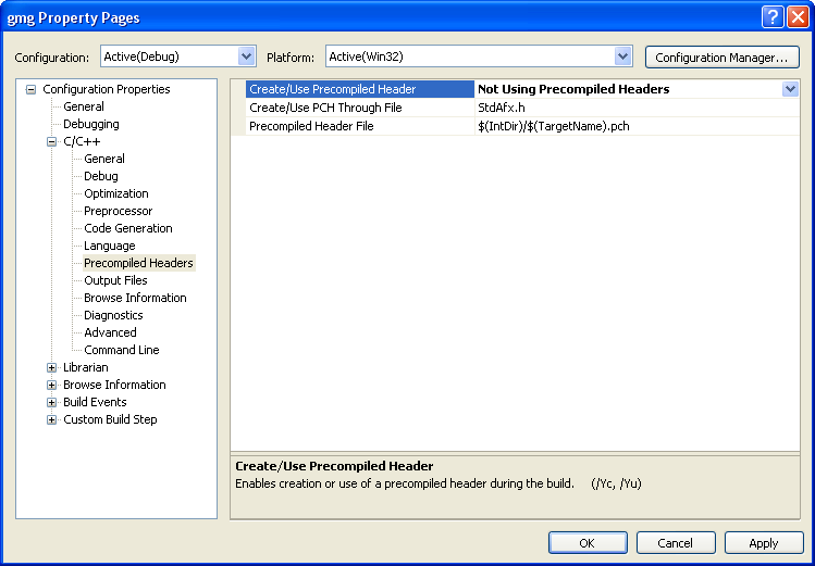 Project Pages for gmg project with Create/Use Precompiled Header selected.
