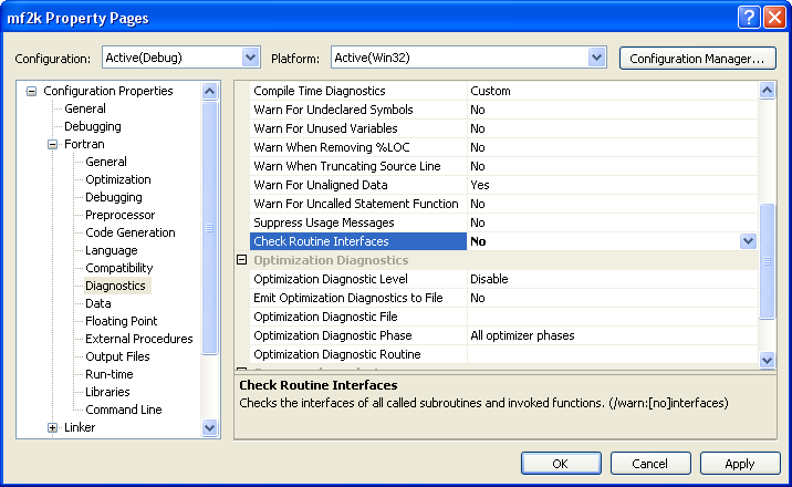 Property Pages for mf2k project with Check Routine Interfaces turned off.