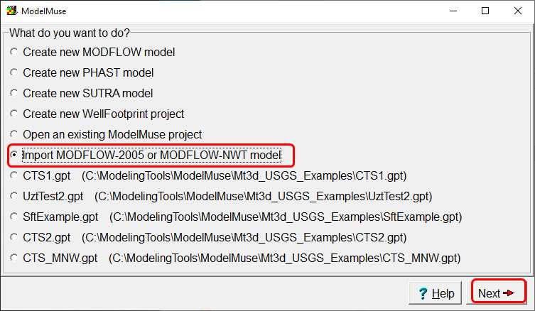 Select "Import MODFLOW-2005 or MODFLOW-NWT model."