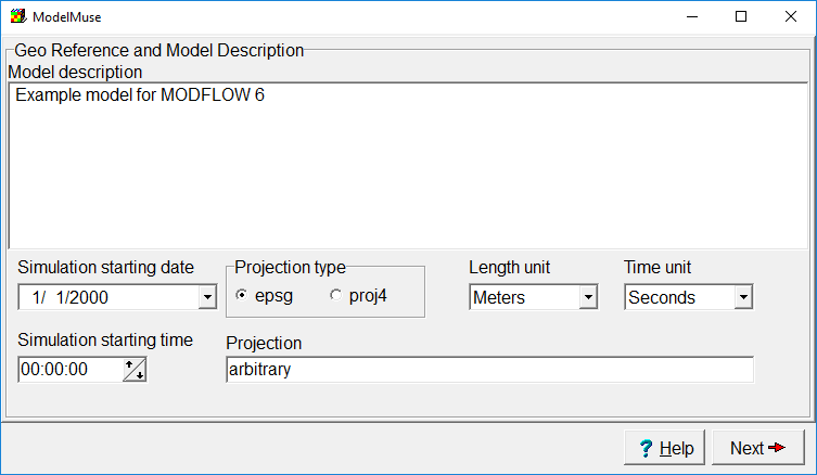 Specify model description, projection, and model units
