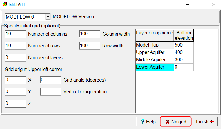 Specify the layer elevations (500, 400, 300, and 0) and clcik the "No grid" button.