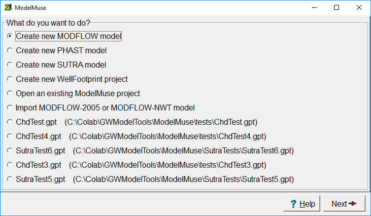 Initial grid dialog box with "Create new MODFLOW model" selected.