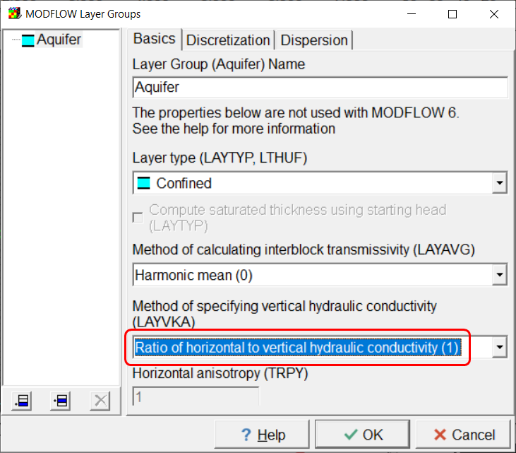 Screen capture illustrating how to specify vertical anisotropy in the MODFLOW Layer Groups dialog box.